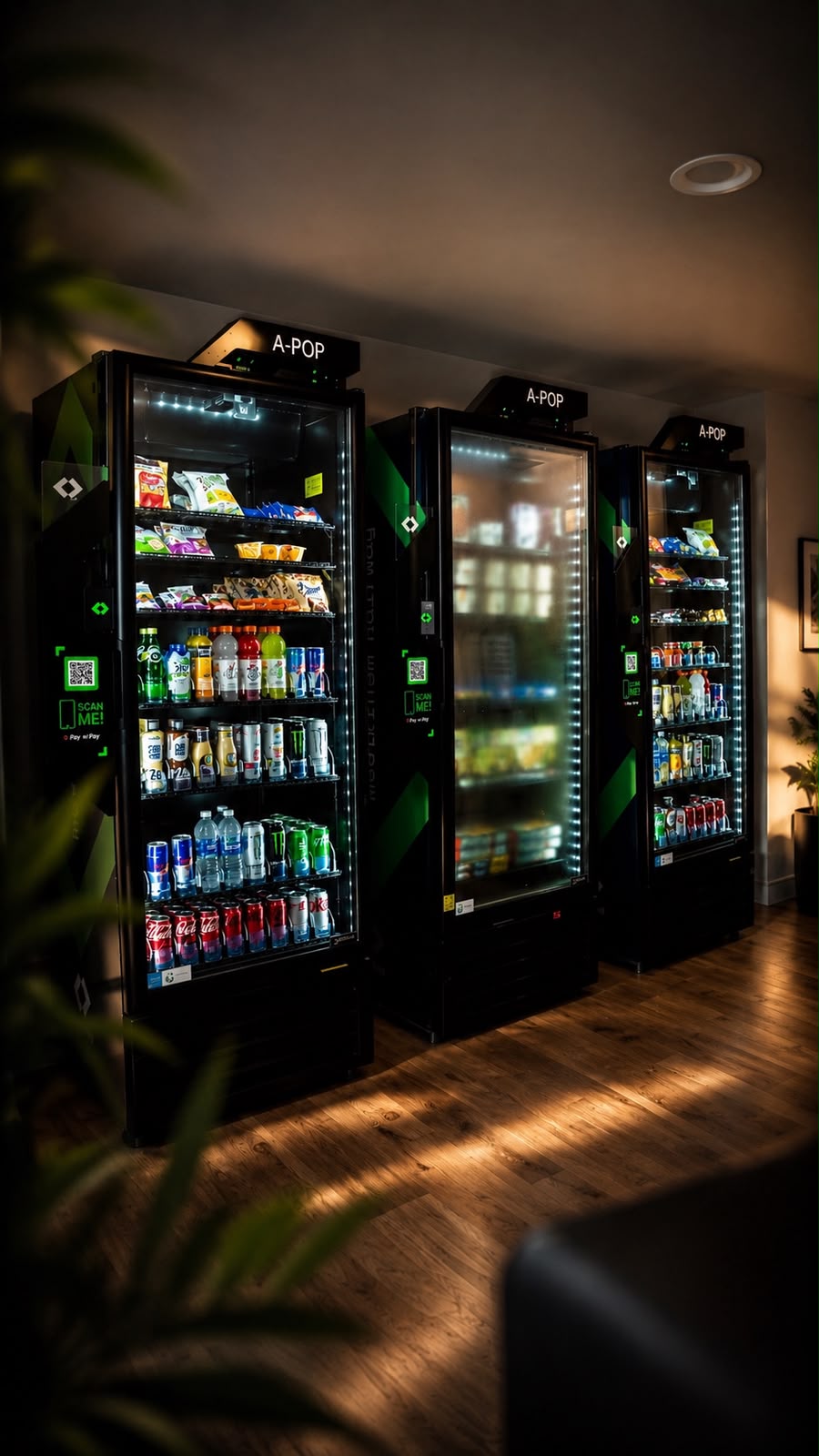 Tres máquinas A-POP instaladas en un espacio de trabajo moderno, iluminadas y abastecidas con bebidas y snacks